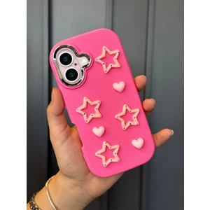 iPhone 16 Uyumlu Darbe Emici Yapılı 3D Pembe Yıldızlar Karakterli Koruyucu Lüx Kılıf