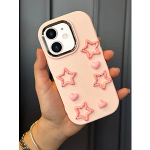 iPhone 11 Uyumlu Darbe Emici Yapılı 3D Pembe Yıldızlar Karakterli Koruyucu Lüx Kılıf