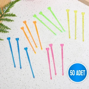 Sinis Group Tek Kullanımlık Renkli Plastik Cips Çatalı Kürdanı Kalpli 50 adet/paket, 8.5 cm