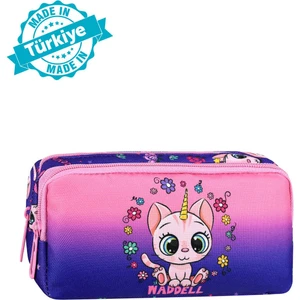 Lisanslı Mor-Pembe Kedi Desenli 2 Cepli Kalem Çantası