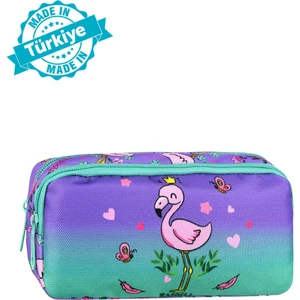 Lisanslı Su Yeşili-Lila Flamingo Desenli 2 Cepli Kalem Çantası