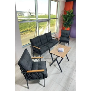 UFUK HOME Miray 311 Masalı Antrasit Fermuarlı Bahçe Balkon Takımı, Salon, Teras- Berjer Düğmeli Metal Çay Seti