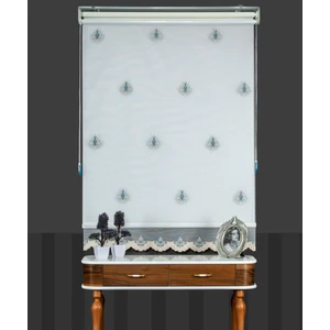 Açık Mavi Çift Mekanizmalı Kadife Sedef Nakışlı Tül Stor Perde (Dayanıklı Alüminyum Kasa)