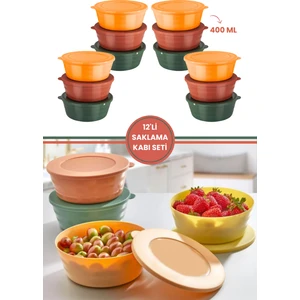 12 Adet Kapaklı Kahvaltılık Saklama Kabı 400 Ml, Çok Amaçlı Yuvarlak Kase Çerezlik Set (12X400ML)
