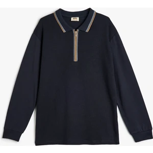 Polo Tişört Uzun Kollu Yarım Fermuarlı Şerit Detaylı Pamuklu