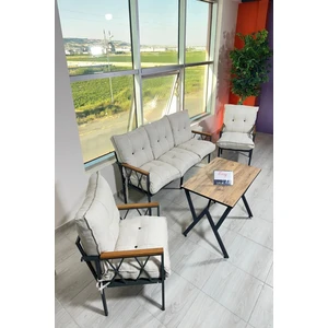 UFUK HOME Miray 311 Masalı Krem Fermuarlı Bahçe Balkon Takımı, Salon, Teras- Berjer Düğmeli Metal Çay Seti