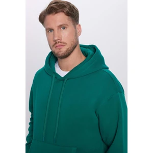 Unisex Oversize Geniş Kesim Pamuklu Yumuşak Dokulu İçi Polarlı Basic Yeşil Kapüşonlu Sweatshirt