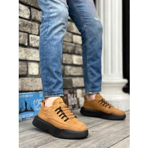 BA0332 Merdiven Desen Bağcıklı Erkek Yüksek Taban Taba Süet Siyah Taban Spor Ayakkabı