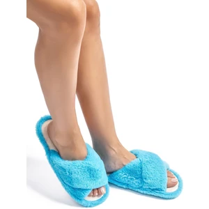 Çapraz Peluş Kadın Ev Terliği Mavi 36/41