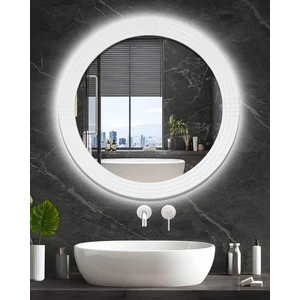 Led'li Işıklı Safir Beyaz Ahşap Dekoratif Yuvarlak Ayna İşlemeli Ahşap Banyo Aynası Duvar Aynası Tekli