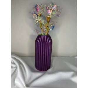 Love Candle Dekor Mürdüm Vazo Çizgili Vazo Dekoratif Vazo Çiçeklik Kuru Çiçek Vazo Mor Vazo