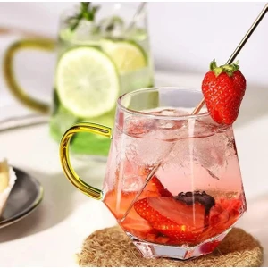 Mıncır Shop Elmas Dokulu Büyük Boy Cam Kupa Termisil Cam Bardak Çay Kahve Meşrubat Sarı Kulplu Kupa 380 ml