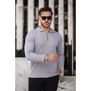 Roberto Bornova Gri Fit Kalıp Uzun Kol Yarım Fermuarlı Ince Likralı Kazak Body