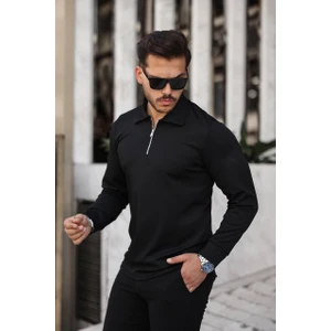 Roberto Bornova Siyah Fit Kalıp Uzun Kol Yarım Fermuarlı Ince Likralı Kazak Body