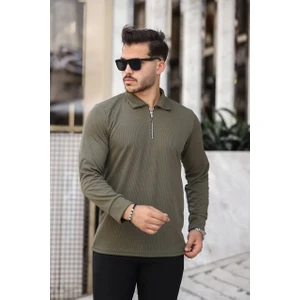 Roberto Bornova Haki Fit Kalıp Uzun Kol Yarım Fermuarlı Ince Likralı Kazak Body
