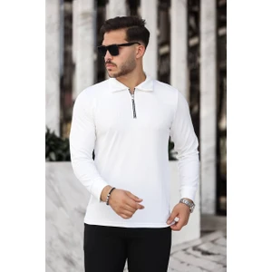 Roberto Bornova Beyaz Fit Kalıp Uzun Kol Yarım Fermuarlı Ince Likralı Kazak Body