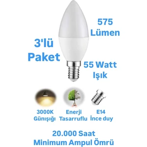 ACK 7W Buji LED Ampul Günışığı 575 Lümen Avize Ampulü Mum Ampul E14 Ince Duylu Ampul