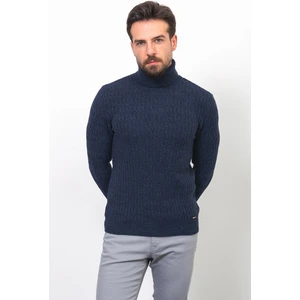 Örgü Desenli Lacivert Renk Slim Fit Tam Balıkçı Yaka Yün Erkek Kazak