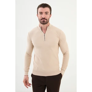 Dokulu Bej Slim Fit Fermuarlı Yarım Balıkçı Yaka Erkek Triko Kazak