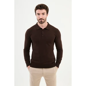 Düz Kahverengi Slim Fit Polo Yaka Erkek Triko Kazak