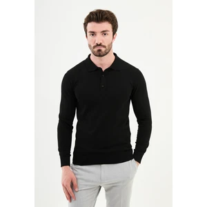 Düz Siyah Slim Fit Polo Yaka Erkek Triko Kazak