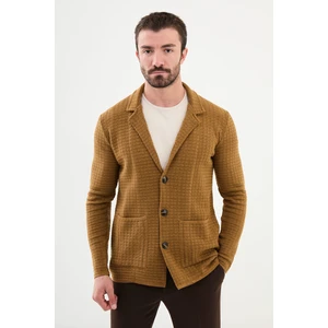Desenli Kamel Rengi Slim Fit Erkek Triko Ceket