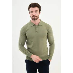 Düz Haki Slim Fit Polo Yaka Erkek Triko Kazak