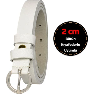 Deri, Gümüş Tokalı Ince 2 cm Süt Beyaz Kadın Kemeri; Elbise Kemeri, Pantolon Kemeri_klt