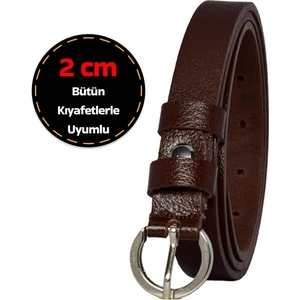 Deri, Gümüş Tokalı Ince 2 cm Koyu Kahverengi Kadın Kemeri; Elbise, Pantolon Kemeri_kilt