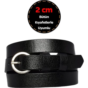 Deri, Gümüş Tokalı Ince 2 cm Siyah Kadın Kemeri; Elbise Kemeri, Pantolon Kemeri_kilit
