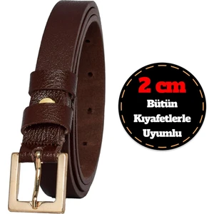 Deri, Renk Tokalı Ince 2 cm Koyu Kahverengi Kadın Kemeri; Elbise, Pantolon Kemeri_kare