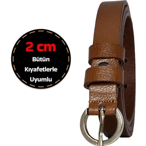 Deri, Gümüş Tokalı Ince 2 cm Açık Kahverengi Kadın Kemeri; Elbise, Pantolon Kemeri_kilt