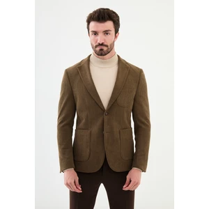 Çizgili Kamel Rengi Slim Fit Torba Cep Mono Yaka Kadife Erkek Ceket