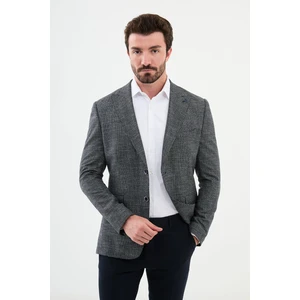 Desenli Lacivert Slim Fit Mono Yaka Klasik Yün Erkek Ceket