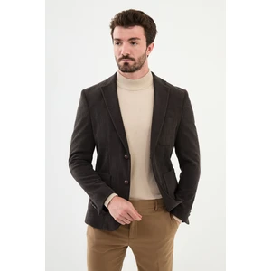 Çizgili Kahverengi Slim Fit Torba Cep Mono Yaka Kadife Erkek Ceket