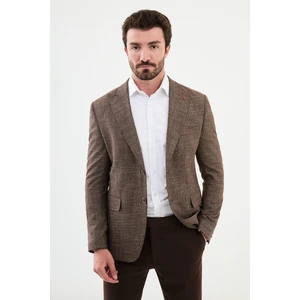 Desenli Kahverengi Slim Fit Mono Yaka Klasik Yün Erkek Ceket