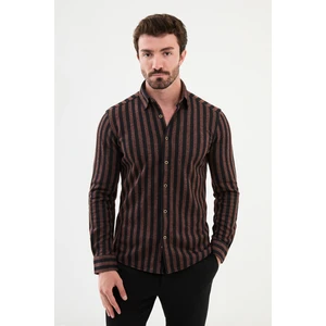 Çizgili Kiremit Rengi Slim Fit Yün Erkek Gömlek