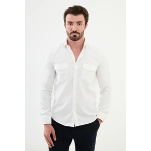 Çizgili Ekru Slim Fit Kadife Erkek Gömlek