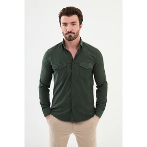 Çizgili Haki Slim Fit Kadife Erkek Gömlek