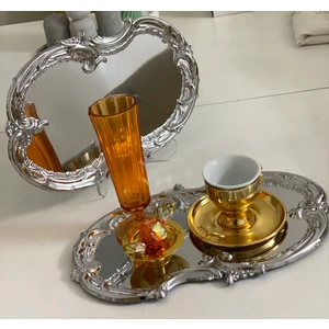 Elzem Tepsi Paslanmaz Çelik Gümüş 2 Adet Işlemeli Desenli Servis ve Sunum Tepsisi 30 cm