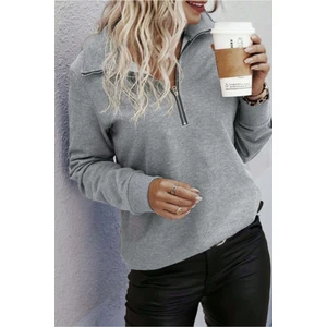 Styles Kadın Uzun Kol Dik Yaka Pamuklu Yarım Fermuar Casual Sweatshirt