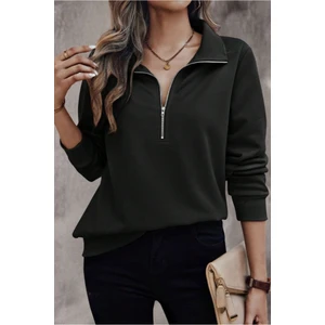 Styles Kadın Uzun Kol Dik Yaka Pamuklu Yarım Fermuar Casual Sweatshirt