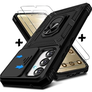 M.TK Moveteck Samsung Galaxy S24 Fe Kılıf Kamera Korumalı Sürgülü Yüzüklü Armor Zırh Tank Kapak + 1 Adet 9h Ekran Koruyucu Cam