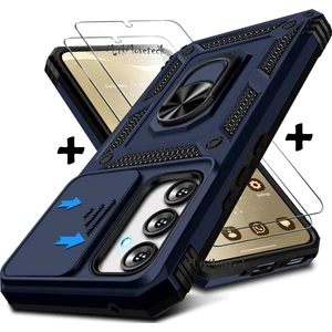 M.TK Moveteck Samsung Galaxy S24 Fe Kılıf Kamera Korumalı Sürgülü Yüzüklü Armor Zırh Tank Kapak + 1 Adet 9h Ekran Koruyucu Cam