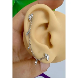 Ares Collection Arescollection Zirkon Taşlı 1 Adet Zincir Bağlantılı Ikili Kıkırdak Kulak Memesi Uyumlu Piercing Küpe