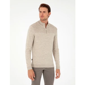 Pierre Cardin Erkek Kum Melanj Slim Fit Fermuarlı Dik Yaka Triko Kazak 50300532-VR123