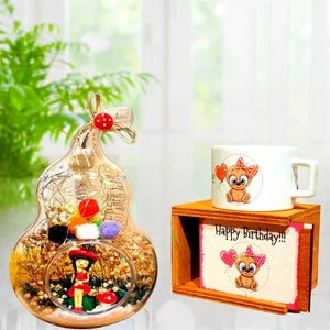 Best Friends Arkadaşa Hediye Işıklı Armut Teraryum & Happy Birthday Panda Tasarım Ahşap Kutulu Kupa