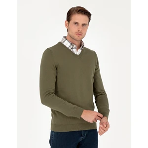 Pierre Cardin Erkek Koyu Haki Slim Fit V Yaka Basic Triko Kazak 50296583-VR111