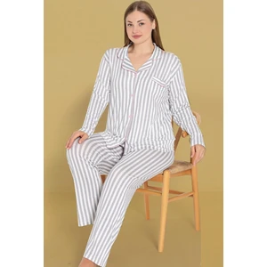 Kadın Büyük Beden Viskon Önden Düğmeli Gömlek Yaka Göğüs Cepli Uzun Kol Mevsimlik Pijama Takımı