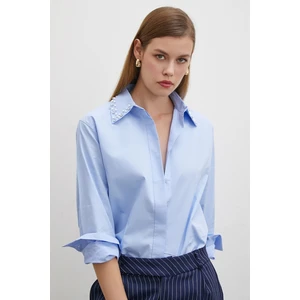 Never More  Yaka Incili Poplin Gömlek Mavi